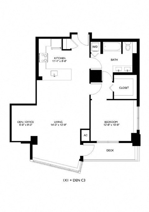 A black and white image of a floor plan for a one bedroom apartment.